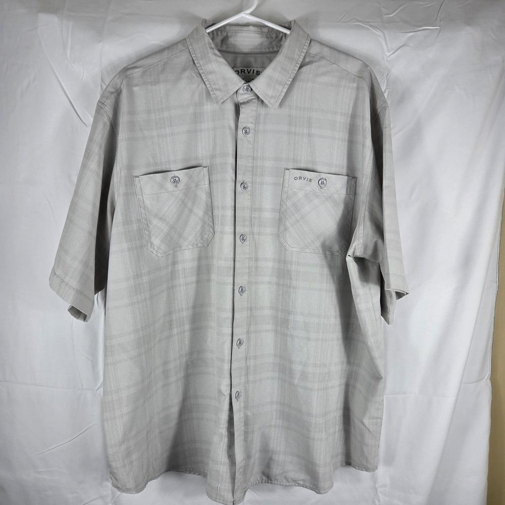 Orvis Mens XXL Gray Plaid Short Sleeve Button Down Shirt Polyester